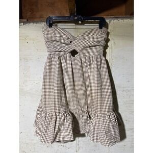 Creamon Brown Gingham Strapless Romper Dress Twist Front Ruffle Hem NWT Large
